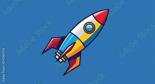 Cartoon rocket in flight against a blue backdrop, with various colors and a porthole