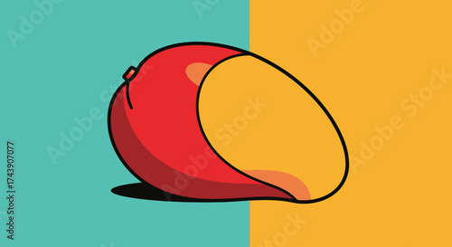 A vibrant, stylized mango with a slice removed, on a teal and orange background