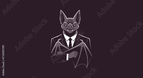 A stylized illustration of a bat-like creature in a suit, arms crossed. Dark background