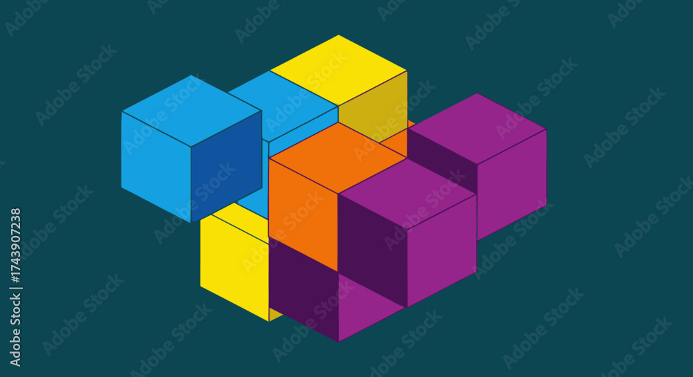 Obraz premium Isometric illustration of connected, colorful cube shapes arranged in an abstract 3D design