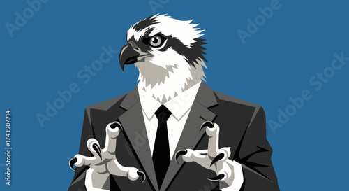 An anthropomorphic bird in a suit with outstretched claws on a blue background