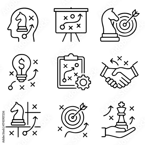 Strategic Icons Depicting Planning Goals and Collaboration in Outline Style.