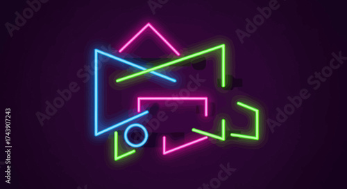 Neon geometric shapes in vibrant colors float on a deep purple background