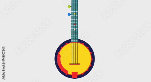 A stylized banjo illustration with a round body, neck, and colorful accents
