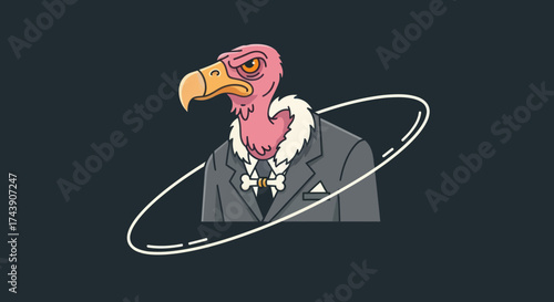 A grumpy vulture, depicted in a formal suit with a bone-tie, and a stylized halo