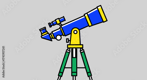 Stylized illustration of a telescope on a tripod, featuring vibrant colors and bold outlines
