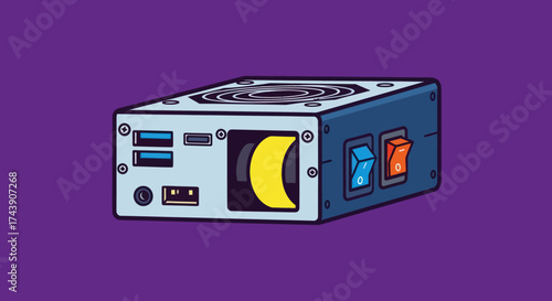 An illustrated power supply unit, featuring switches, fan, and a colorful, cartoonish design