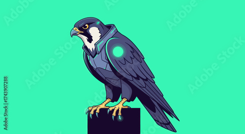 Stylized illustration of a falcon wearing a futuristic garment with glowing accents, perched on a block
