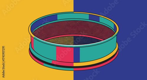 A colorful, geometric, cylindrical design with varying shades of color and dotted shading, on a divided background