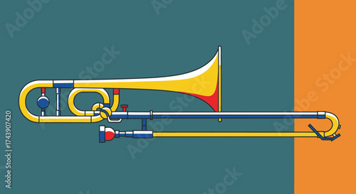 A flat, stylized illustration of a trombone, yellow and blue against teal and orange