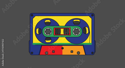 A brightly colored illustrated cassette tape, featuring vibrant hues and simple lines