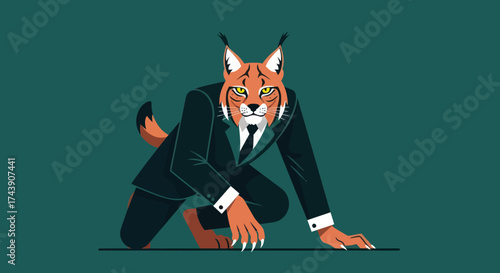 An anthropomorphic lynx in a business suit kneels, staring forward, with an intense gaze