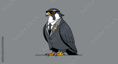 A cartoon hawk in a business suit and sunglasses on a grey backdrop. It wears a feather pin