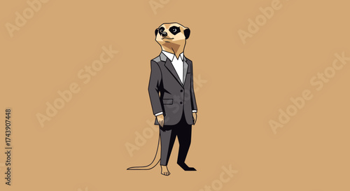 A cartoon meerkat stands upright, wearing a formal suit, set against a tan background