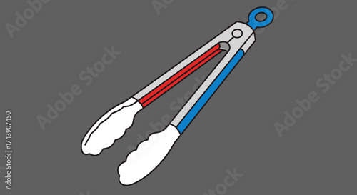 Vector illustration of kitchen tongs in white, red, and blue on a grey background