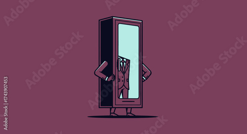 A headless suited figure stands inside a phone-shaped box, arms on hips