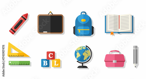 Colorful Flat Design School Supplies and Educational Items Collection.