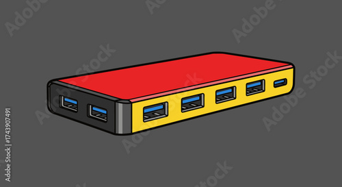 A vibrant, colorful illustration of a rectangular USB hub with ports on a grey background