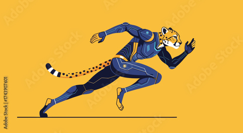A cheetah-like character in futuristic attire running on a yellow background