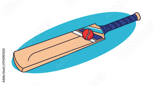 A vector illustration of a cricket bat and ball, set against a blue oval backdrop