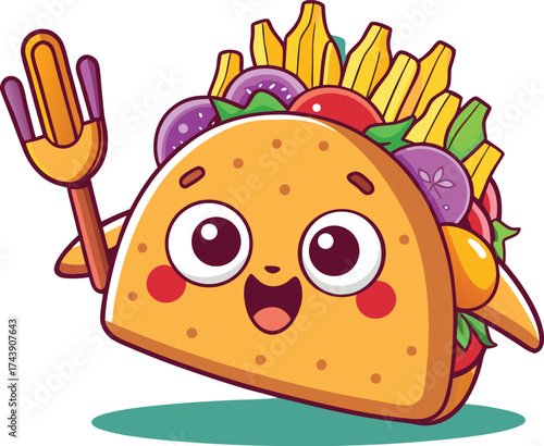 A fun cartoon vector illustration of a cheesy pizza slice, a delicious fast food snack