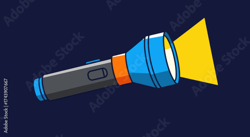 Cartoon flashlight with a blue, orange, and gray body and yellow beam on a dark blue background