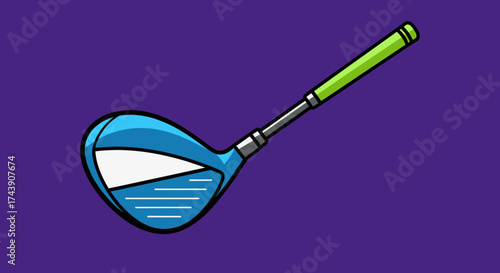 A cartoon-style illustration of a golf club driver, vibrant blue & green on a purple background