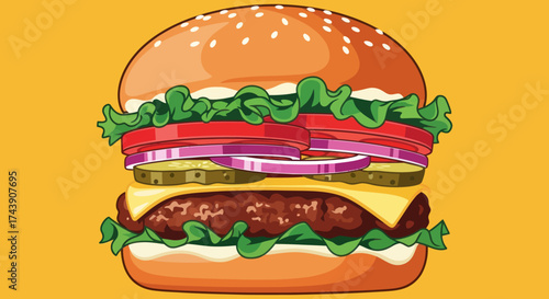 A cartoon burger, with sesame bun, stacked high with ingredients against a yellow background