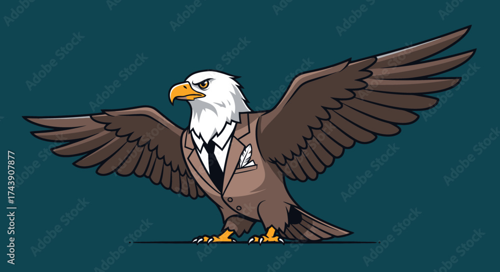 Obraz premium An eagle in a business suit with spread wings, assertive pose against a teal background