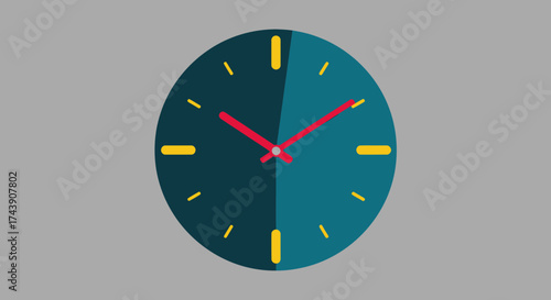 A simple clock design with a teal face, red hands, and yellow markers against a gray backdrop