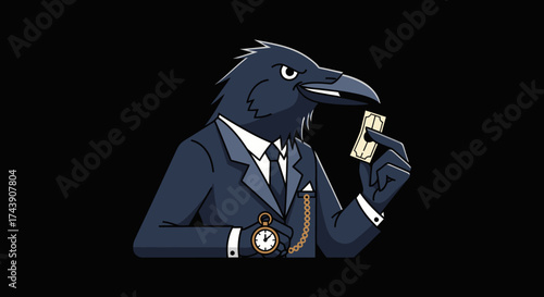 An anthropomorphic crow in a suit holds money. A pocket watch hangs from the vest. The background is solid black