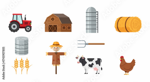 Colorful cartoon farm life icon collection with a tractor, barn, silo, and animals.