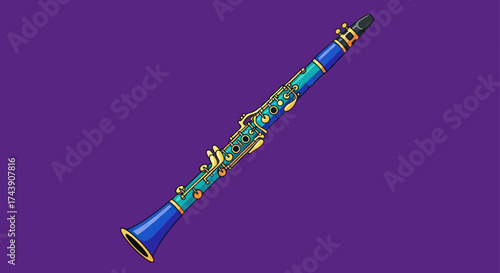 Vector illustration of a colorful, stylized clarinet against a deep purple background
