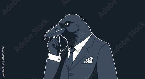 A monochrome illustrated crow in a suit, with a contemplative pose against a dark backdrop