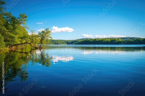 The water's surface shines with a mirror-like reflection