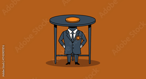 An anthropomorphic figure, a man in a suit with his head replaced by a table with a plate