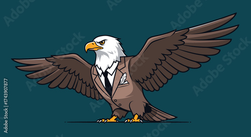 An eagle in a business suit with spread wings, assertive pose against a teal background