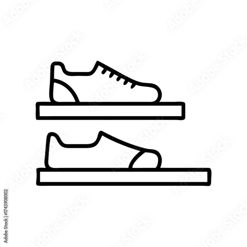 Simple line drawing of two pairs of shoes on shelves  
