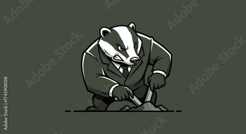 A badger in a suit is digging, displaying an angry expression. Cartoon style