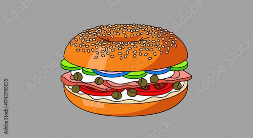 An illustrated bagel sandwich with sesame seeds, layered with toppings on a gray background