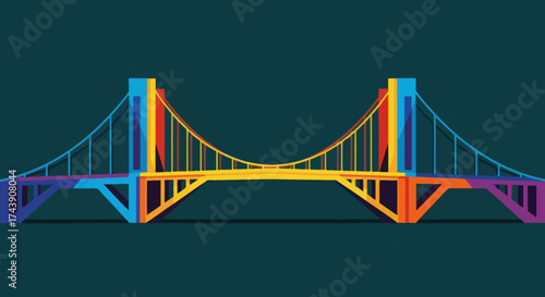 Abstract, colorful pop art depiction of a suspension bridge with dark teal background