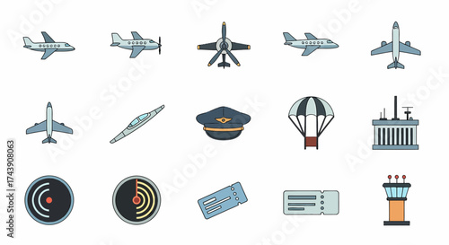Collection of Colorful Airplane, Pilot Hat, Radar, and Airport Icons.