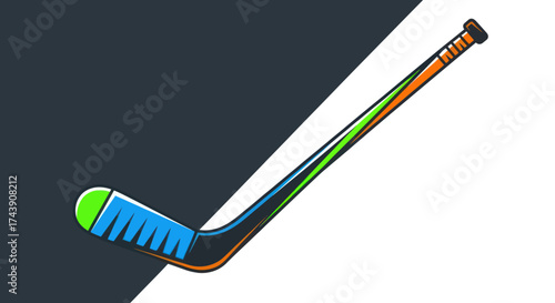 A colorful illustrated hockey stick angled over a split background of dark gray and white