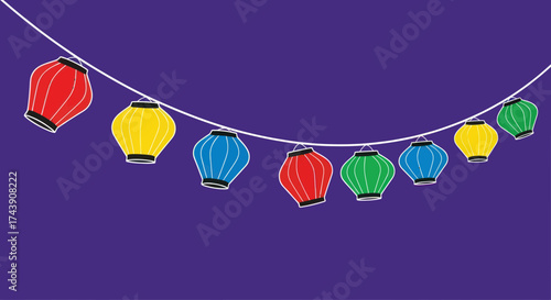 A string of colorful, stylized lanterns hang against a dark purple background