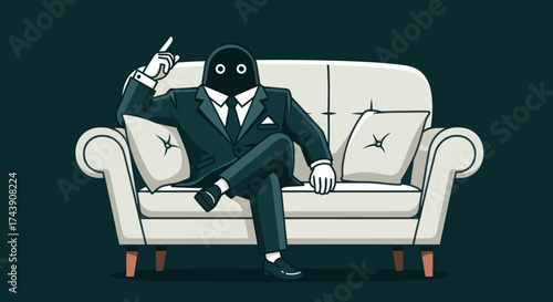 Anonymous figure in suit sits on a sofa, pointing upwards, with a blank expression