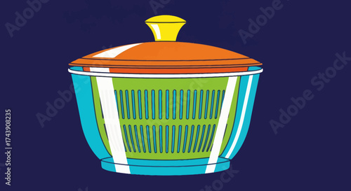 A cartoon-style depiction of a salad spinner with a multi-colored design