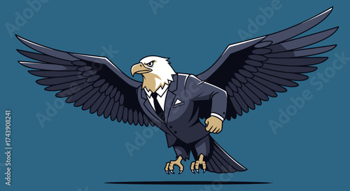 Cartoon eagle wearing a suit with wings outstretched, on a teal background, ready to launch