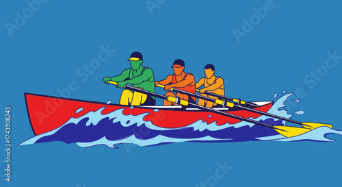 Vector illustration of three rowers in a boat, gliding through water, colorful, simplistic style