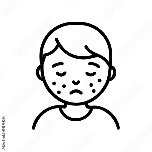 Young boy with chickenpox and sad expression on simple background  