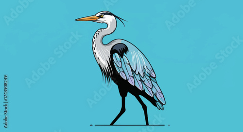 A stylized heron illustration standing on a light blue background with bold outlines and textures